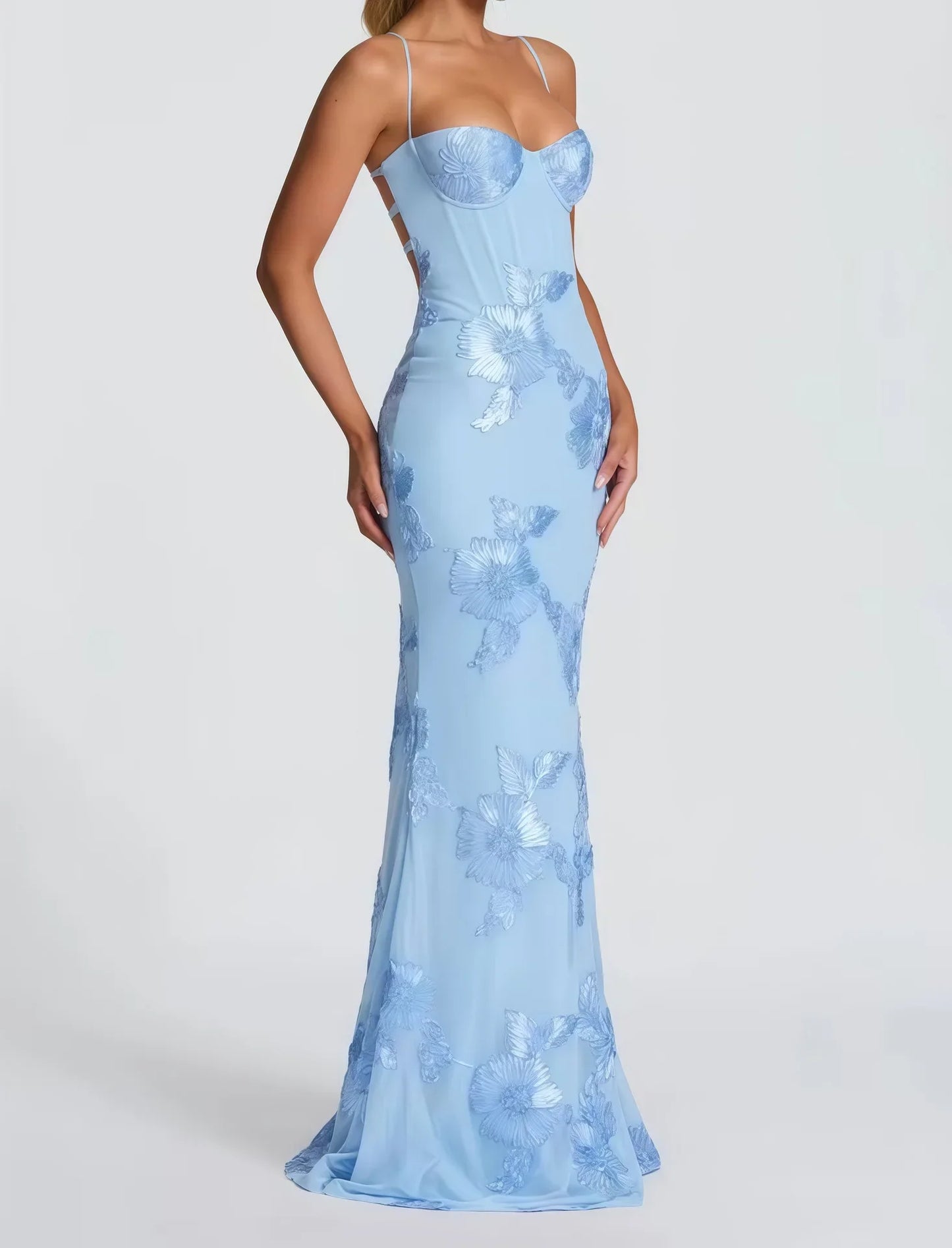 Elegant Women 3d Embroidery Floral Long Dress Women Backless Cross Tied Spaghetti Strap Robe Slim Floor Length Evening Dresses