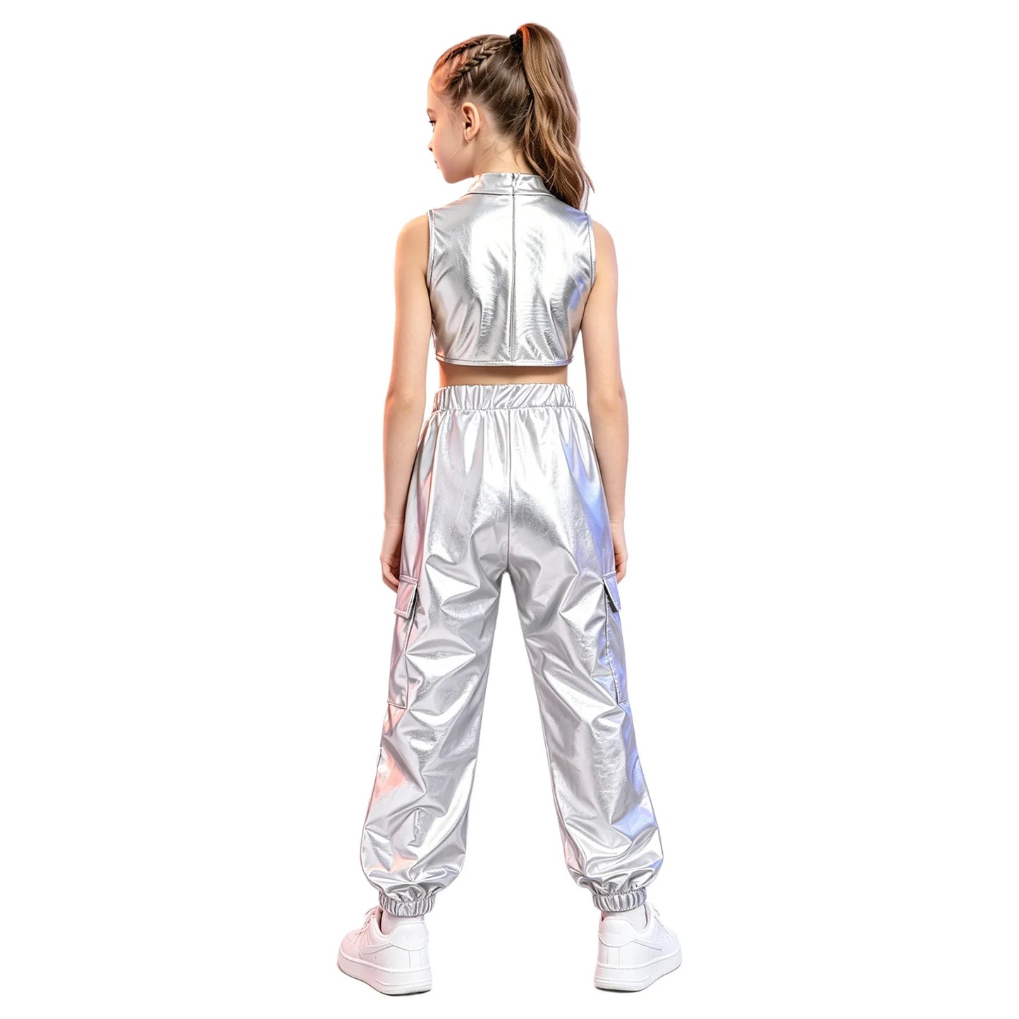 Kids Girls Disco Jazz Hip Hop Dance Outfit Sleeveless Shiny Sequin Ruffle Crop Top with Metallic Pants School Show Party Costume