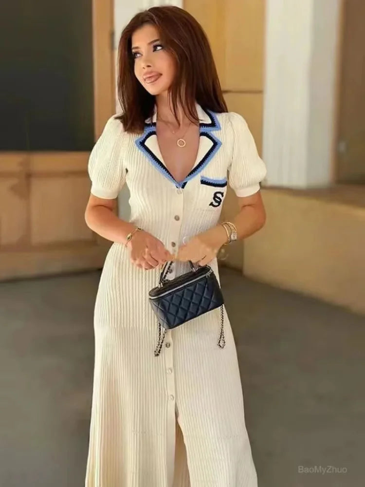 Summer Elegant Slim Knitted Long Sleeve Dress For Women Single Breasted White