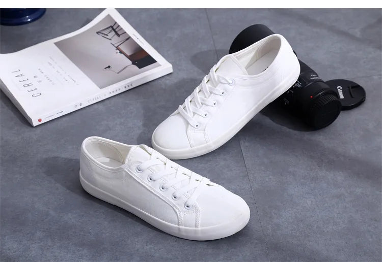 Unisex White Canvas Shoes Casual Summer Vulcanized Shoes Lace-up Students Cloth Shoe Women's Flats Sneakers Women Board Shoes