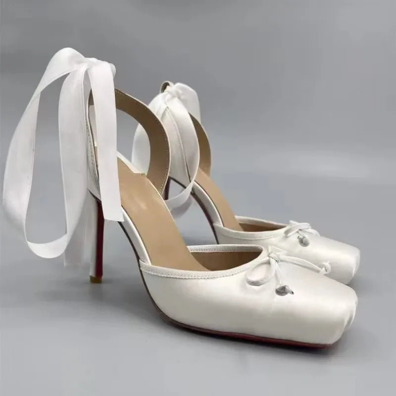 2025 Spring New Square-Toe High Heels Bow Knot Peep-Toe Platform Sandals for Women, Sexy Evening Party Club Wedding Shoes