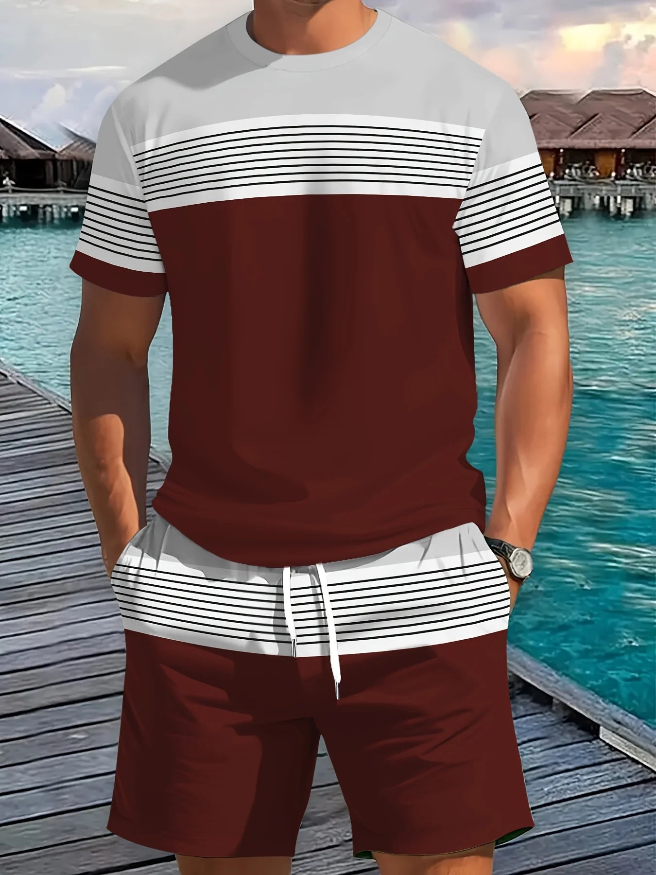 New Summer Men's Sportswear Striped Short-Sleeve T-Shirt Set Two-Piece Outdoor Travel Apparel Relaxed-Fit Shorts Training Wear
