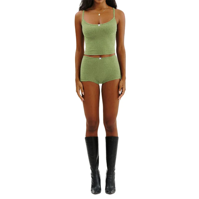 Xingqing y2k Pajamas Sets Women Bow Sleeveless Knitted Camisole Tops and Elastic Shorts Loungewear Soft Sleepwear for Nightwear