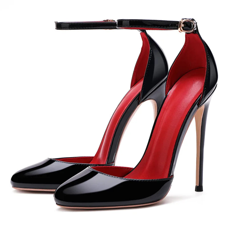 Black Patent Leather Women Ankle Strap Stiletto Pumps 10cm 12cm Professional High Heels Pointed Toe Sexy Summer Buckle Sandals