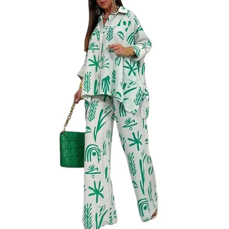 Summer Fashion New Printed Women's Set Printed Pattern Flip Collar Open Single Breasted Top Wide Leg Pants Elegant Two Piece Set