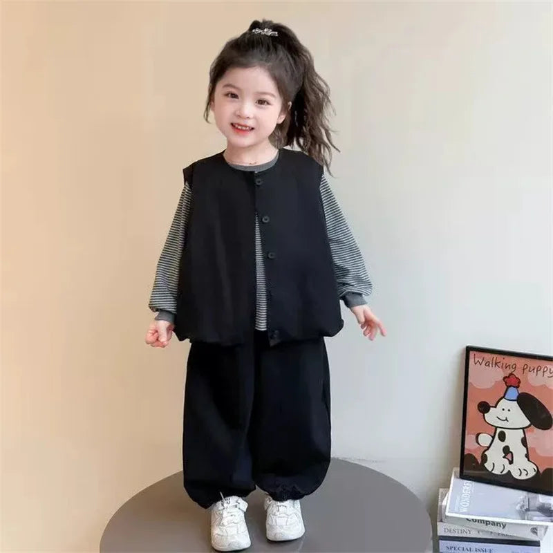 Boys' Fashion Set Spring Girls' Suit Children's Striped Top Vest  Trousers 3Pcs New Kids Casual Loose Outfits Autumn Clothing