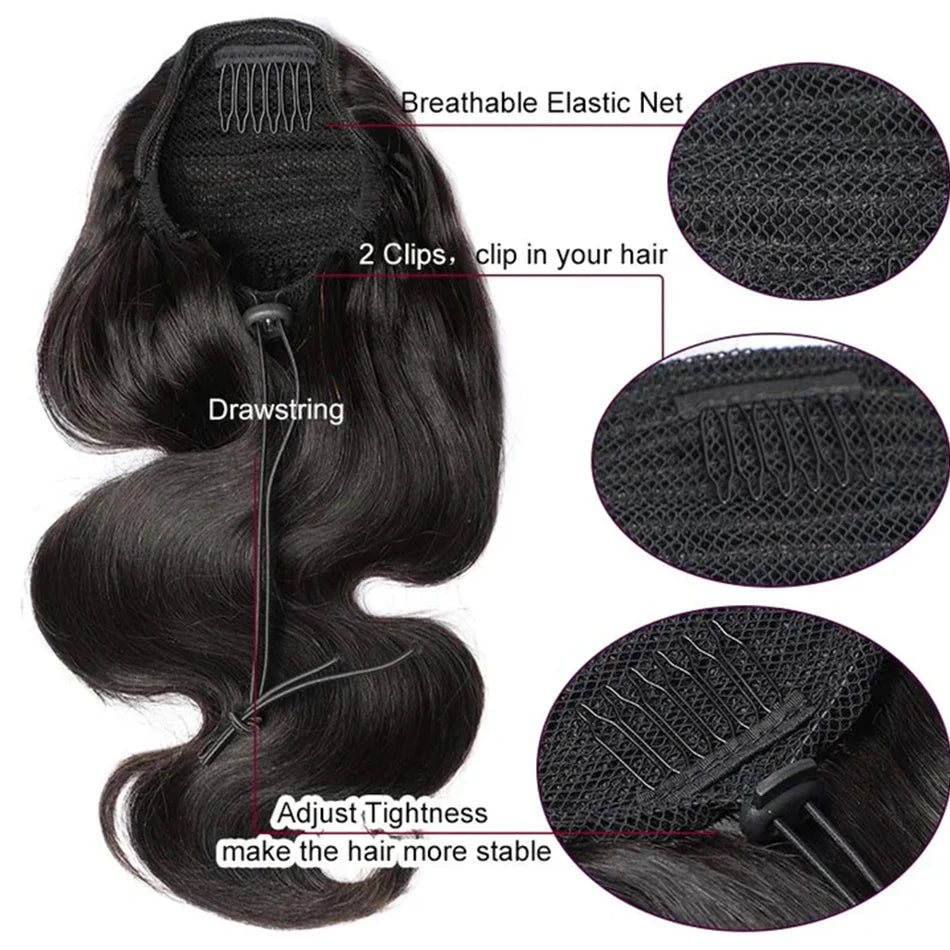 Bopdy Wave Ponytail Extension Drawstring Ponytail 100% Real Human Hair For Black Women Wavy Pony Tails Extensions 26 Inches