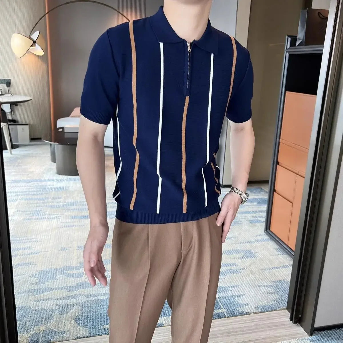 High-end Short-sleeved Men's British Retro Striped Slim Lapel Knitted Contrasting T-shirt 1/2 Pieces