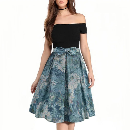 2025 New Vintage Women's Print Skirts Streetwear Bottoms with Bow Waist Large Swing Hem Elastic Waist Wrap Hip Knee Length Skirt