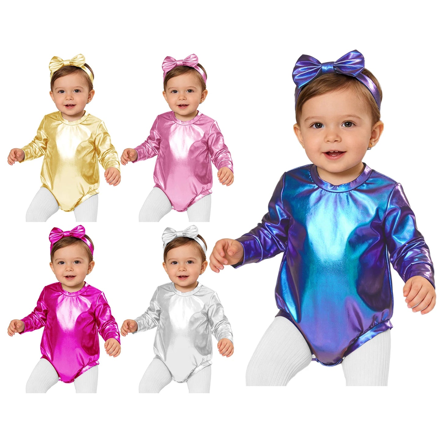 Baby Girls Long Sleeve Metallic Shiny Buttons Crotch Romper with Bow Headband Birthday Theme Party Photography Outfit Daily Wear