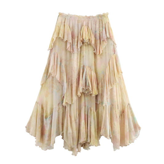 Women Summer Vintage Floral Printed Women Skirt Elegant Ruffle Hem Loose Irregular High Waist Midi Skirt Women Clothes 3694011
