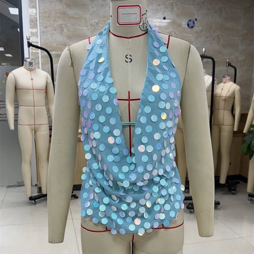 hirigin Sexy Glitter Sequin Tank Tops Women Y2K Fashion Deep V-neck Hollow Out Cropped Tops Tee Summer New Backless Beach Tops