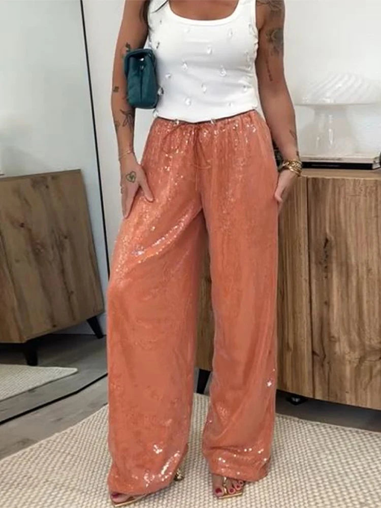 Women Sequin Pants Cinched Waist Glitter Baggy Straight Long Trousers