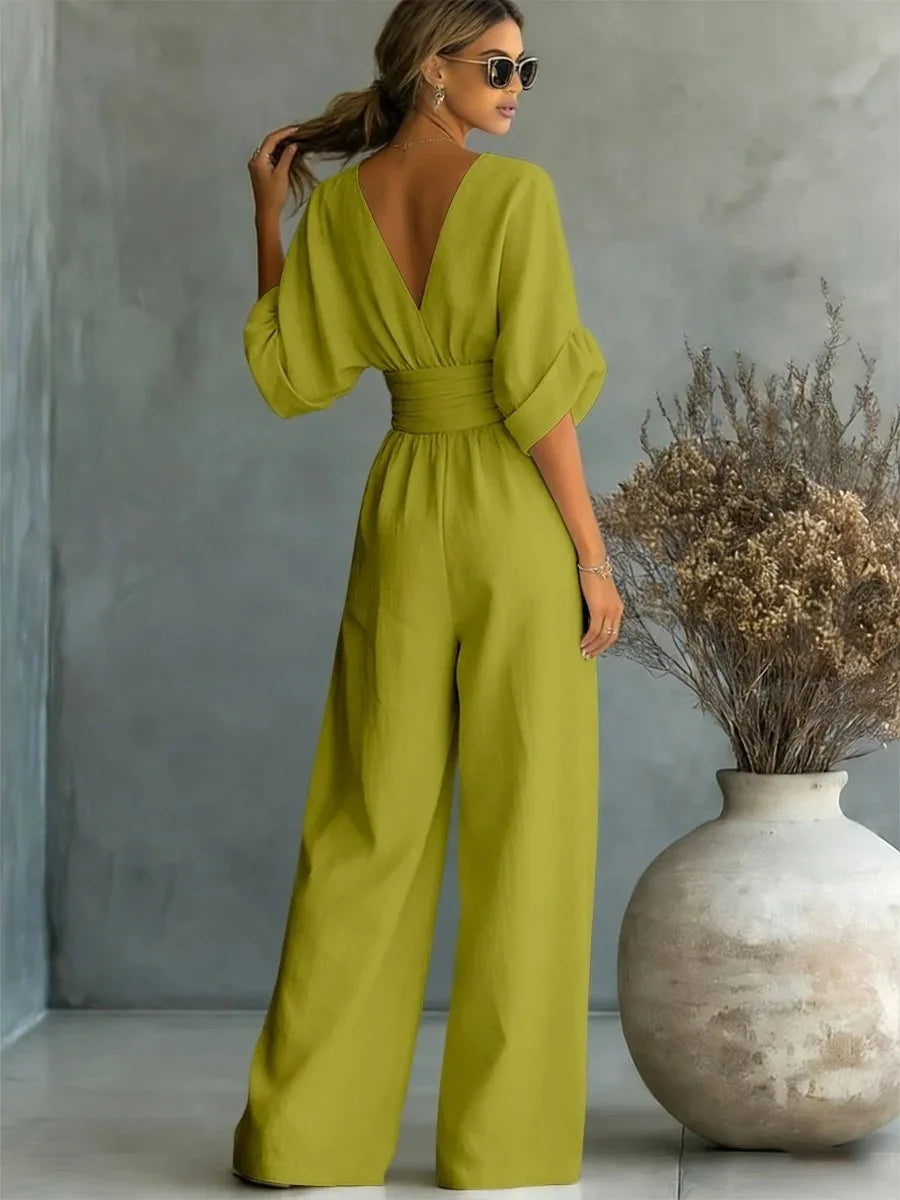 Women's Jumpsuit Fashion High Waist V-neck Casual Jumpsuits Sexy  Solid Color Office Wide Leg Trousers Overalls Vacation Outfit