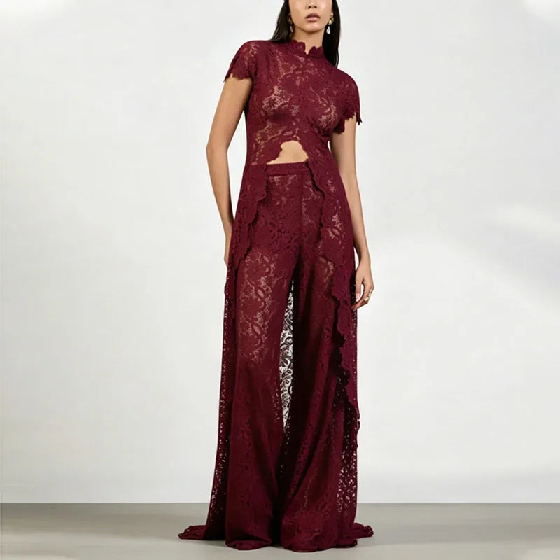 See Through Lace Vest Pant Set Women Beach Sling  Tops Pleated Straight Pants 2026 Summer Vacation Hollow Out Lady Suits