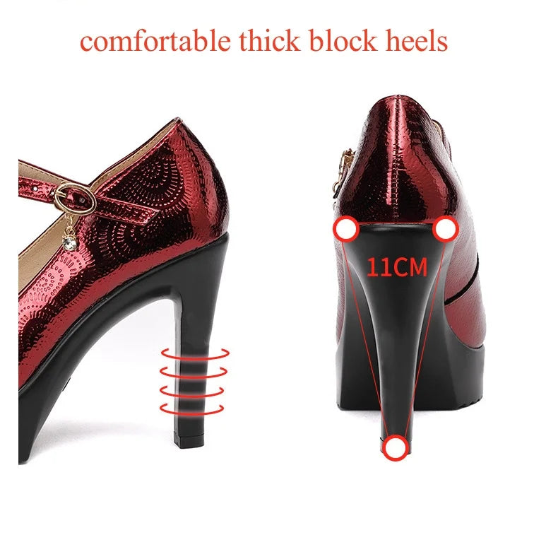9cm 11cm 13cm Small Size 32-43 Sexy Bright Leather Shoes Women's Platform Pumps 2026 Fall Block High Heels Shoes Model Party