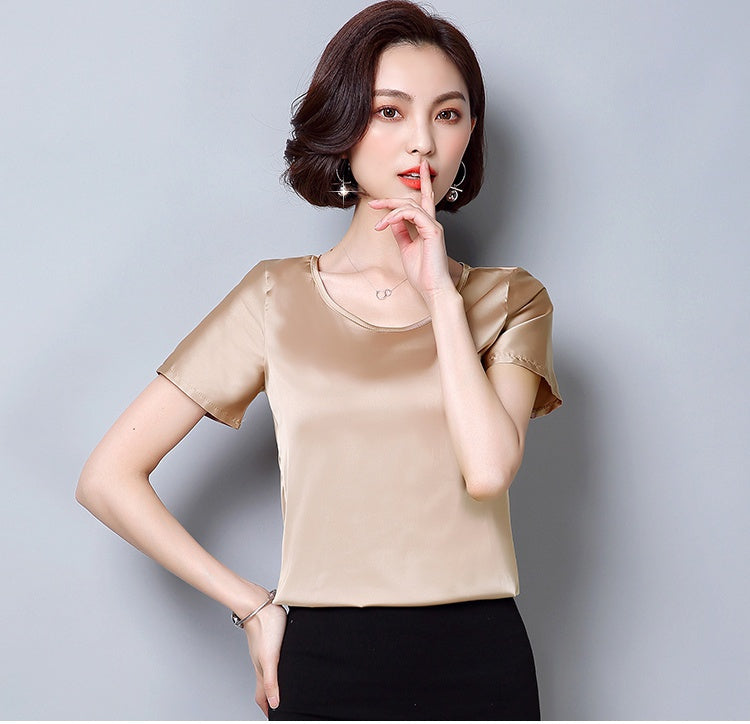 New outer wear silk round neck sling top satin short-sleeved stretch T-shirt large size bottoming shirt women
