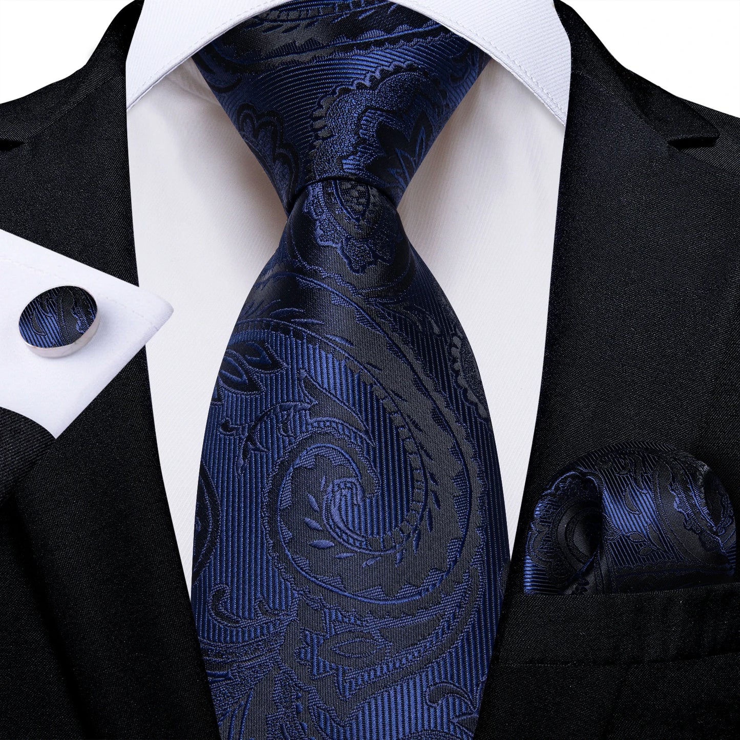 Royal Blue Paisley Plaid Striped Men tie Set with Handkerchief Cufflinks Wedding Prom Groom Accessories Perfect Gift for Men BAZAARHUBO