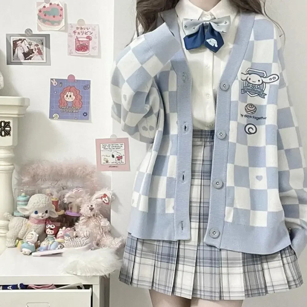 Anime Sanrioed Pompompurin Girls Cardigan Sweater Kawaii Kuromi Cinnamoroll Spring Autumn Knit Coat Loose Sweet Embroidery Tops