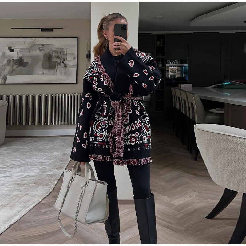 2026 Spring Tassel Knitted Jacquard Women's Cardigans Loose Patchwork V-neck Long Sleeve Thick Warm Sweater Lady New Knitwear