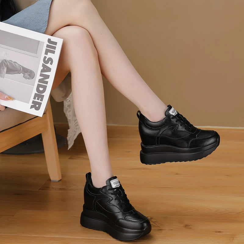 Women's Sneakers Genuine Leather Womens Casual Shoes Thick Sole Increase Height 10cm Women Sneakers Breathable Shoes Botas Mujer