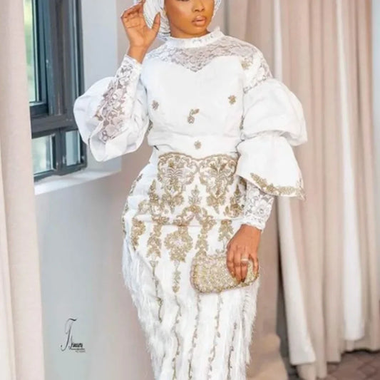 Women Print Skirt Sets Two Piece Stand Collar Full Sleeve Lace Spliced Tops Tassel High Waist Wrap Hip Vestidos Party Elegant