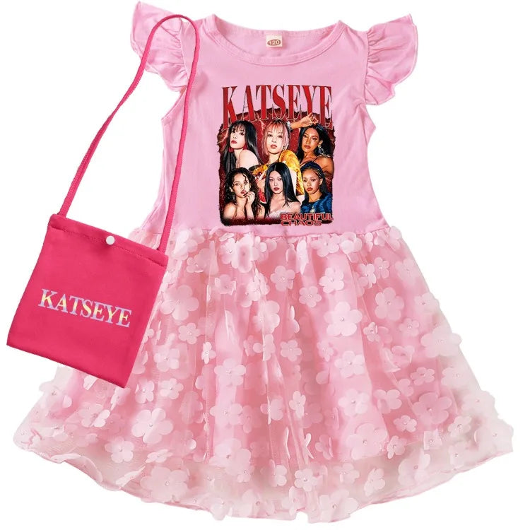 KATSEYE Kpop Clothes Kids Cartoon Summer Dress&bag Baby Girls Fly Sleeve Casual Dresses Girl Sequin Mesh Party Princess Vestidos