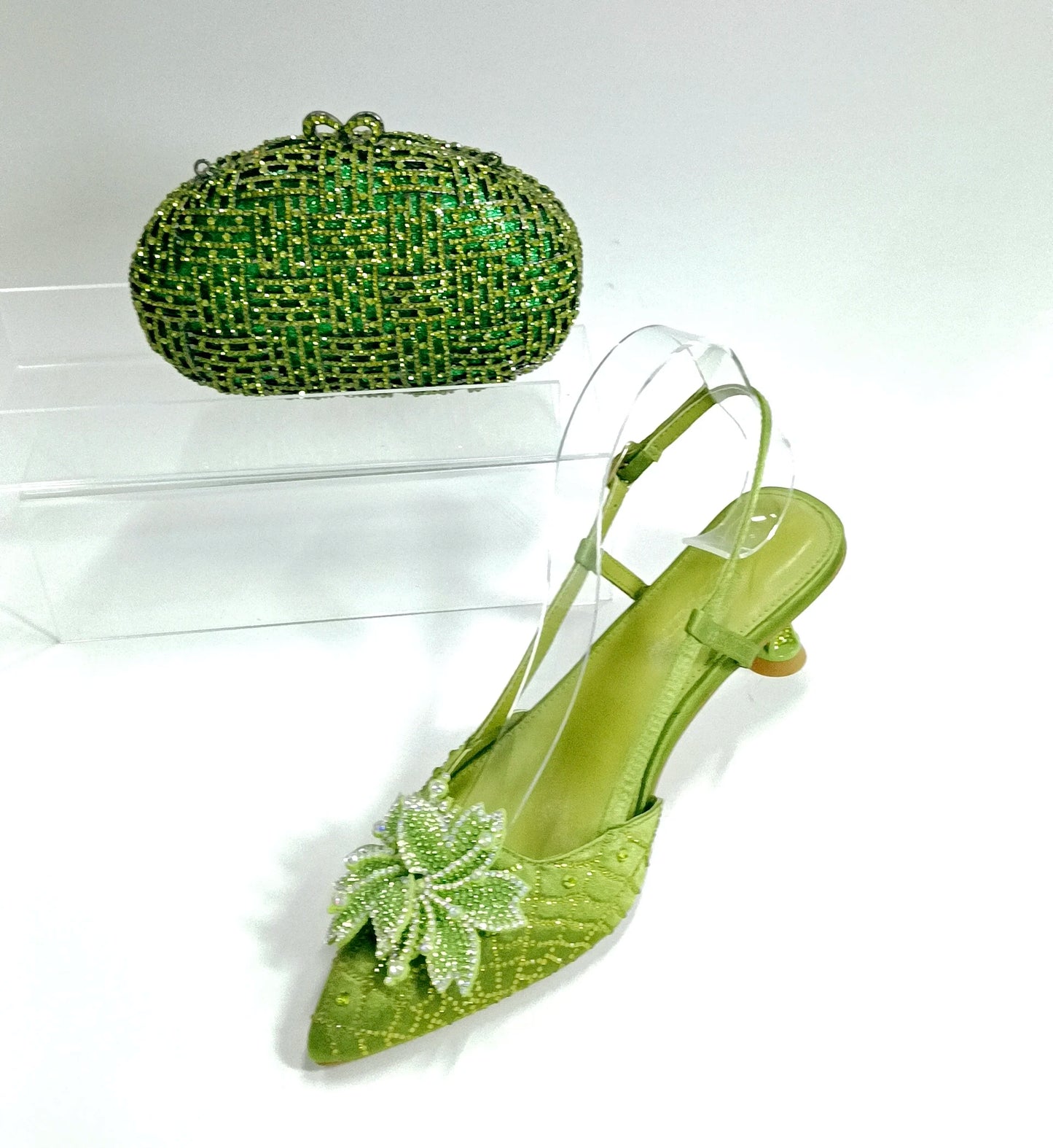 INSIGHTLINK Women Olive Green Pointed-Toe Sandals Women's High Heels Shoes and Bags for Party Rhinestone Evening Bags And Shoes