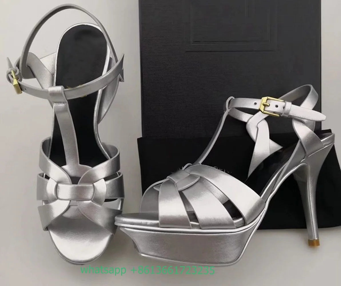 Platform Cross Strap Women Sandals Solid Peep Toe Thin High Heels Pu Slingback Ankle Strap Summer Sandals Fashion Party Shoes