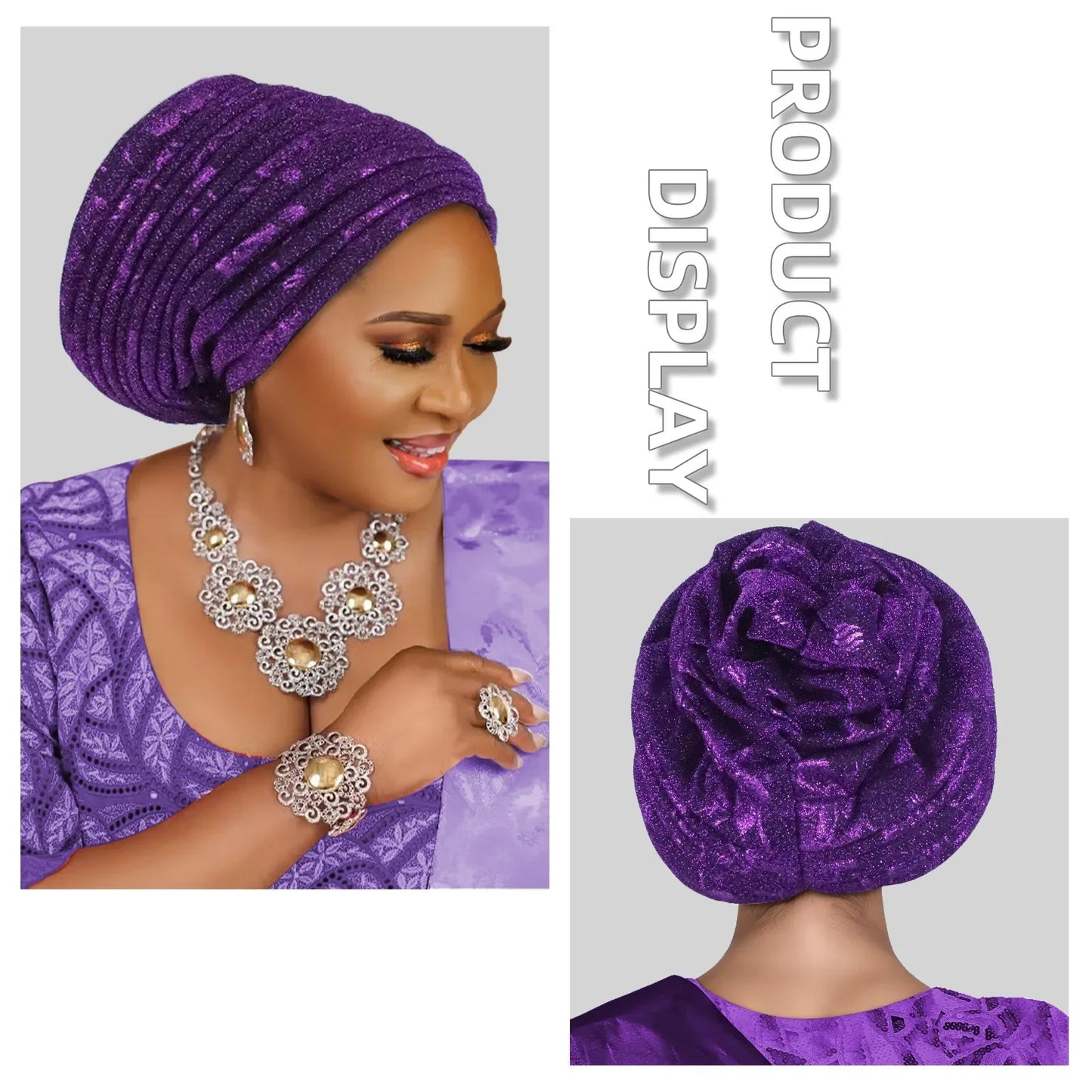African Lady Headpiece Muslim Headscarf Hat Glitter Fabric Turban Cap for Women Pleated Head Wraps Bonnet