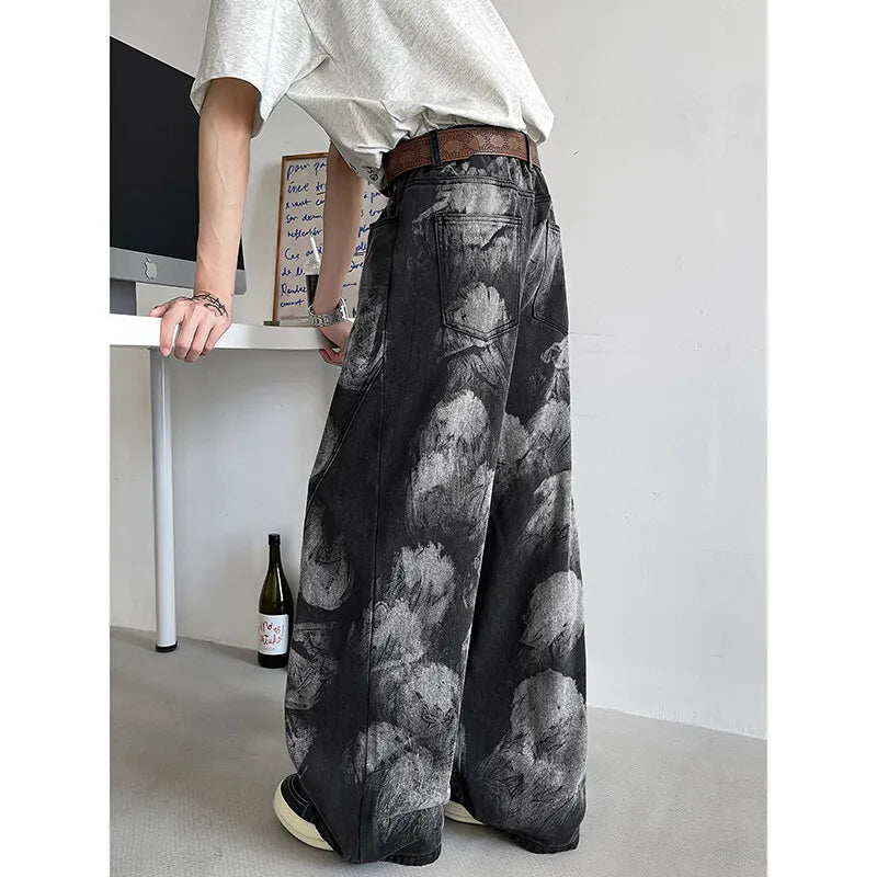 Straight Loose Fit Printed Streetwear Jeans Unisex Urban Fashion Trendy Casual Denim Pants mens Hip Hop Oversized Comfort 2023