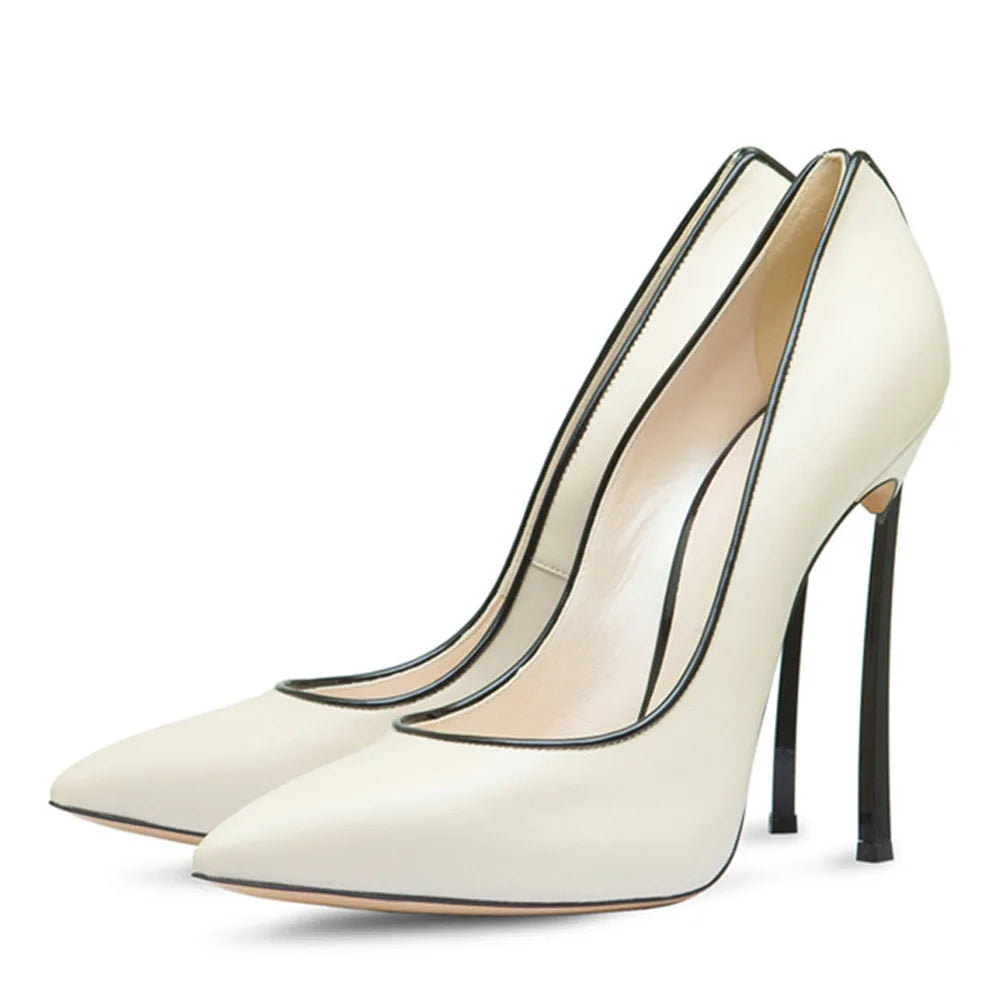 Spring and Autumn New Pointed Shallow Leather Single Shoes Metal Fine High Heel Banquet Dress Customized Large Size Women's Shoe
