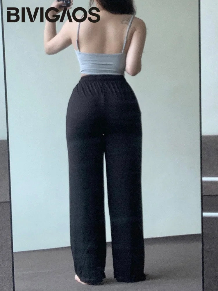 BIVIGAOS Summer Drawstring Ultra-thin Modal Wide Leg Pants Women High Waist Drape Casual Sport Pants Gray Sunscreen Fitness Pant