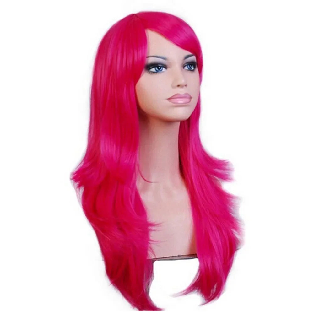 QQXCAIW Long Wavy Cosplay Wig Red Green Purple Pink Black Blue Sliver Gray Blonde Brown 70 Cm Synthetic Hair Wigs