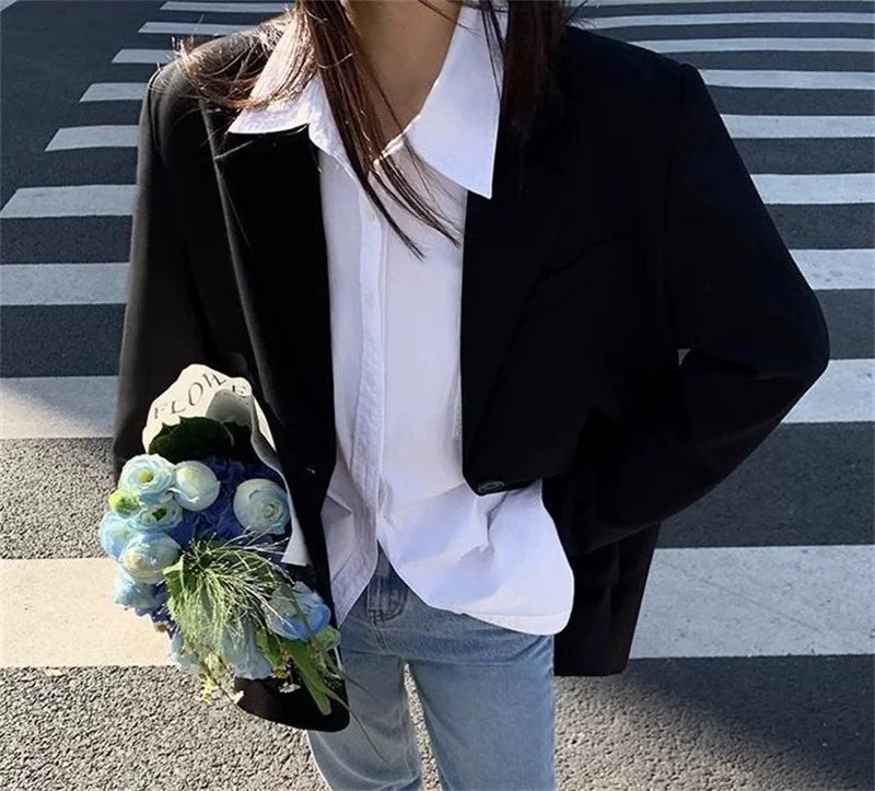Back Slit Design Blazer Coat For Women Casual Korean Streetwear Chic Long Sleeve