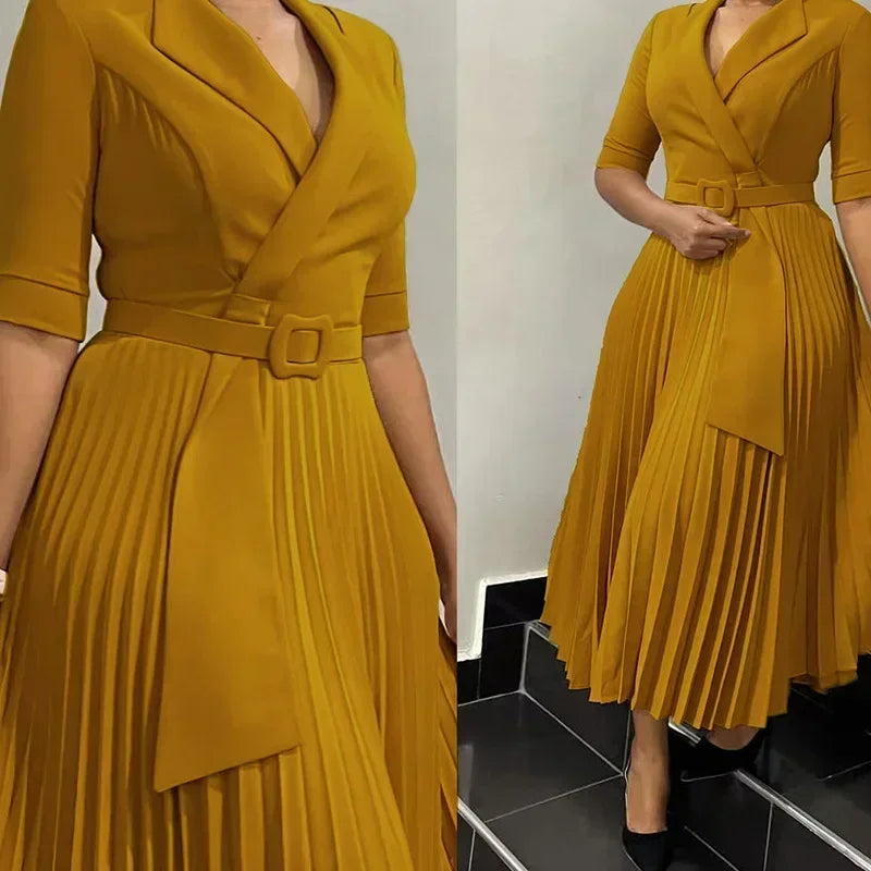 New Dashiki African Dresses for Women Spring Autumn Elegant Half Sleeve V-neck Pleated OL Style Midi Dress African Clothes Femme