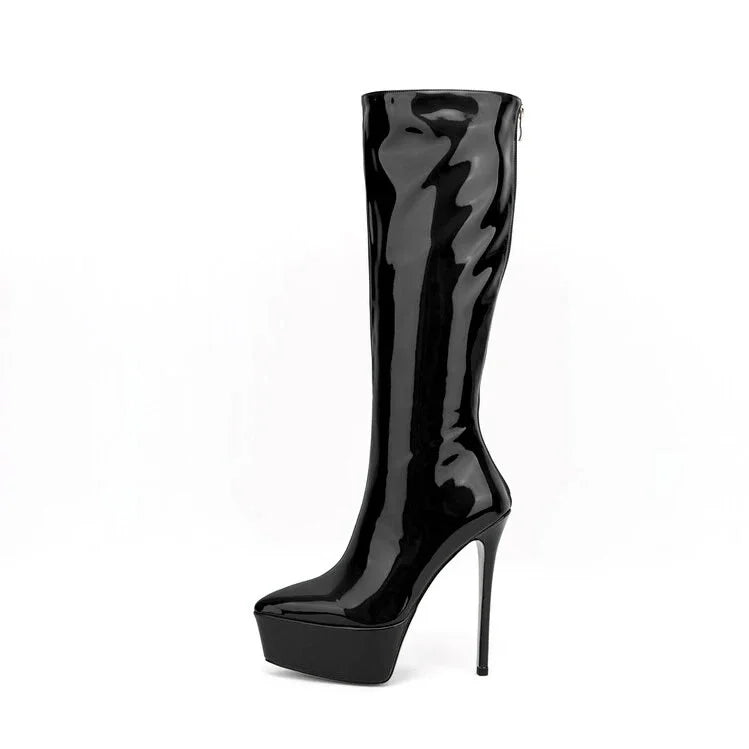 New Women Knee High Boots Patent Leather Pointed 15cm High Heels Winter Short Plush Waterproof Platform Girl Boots Large 34-45