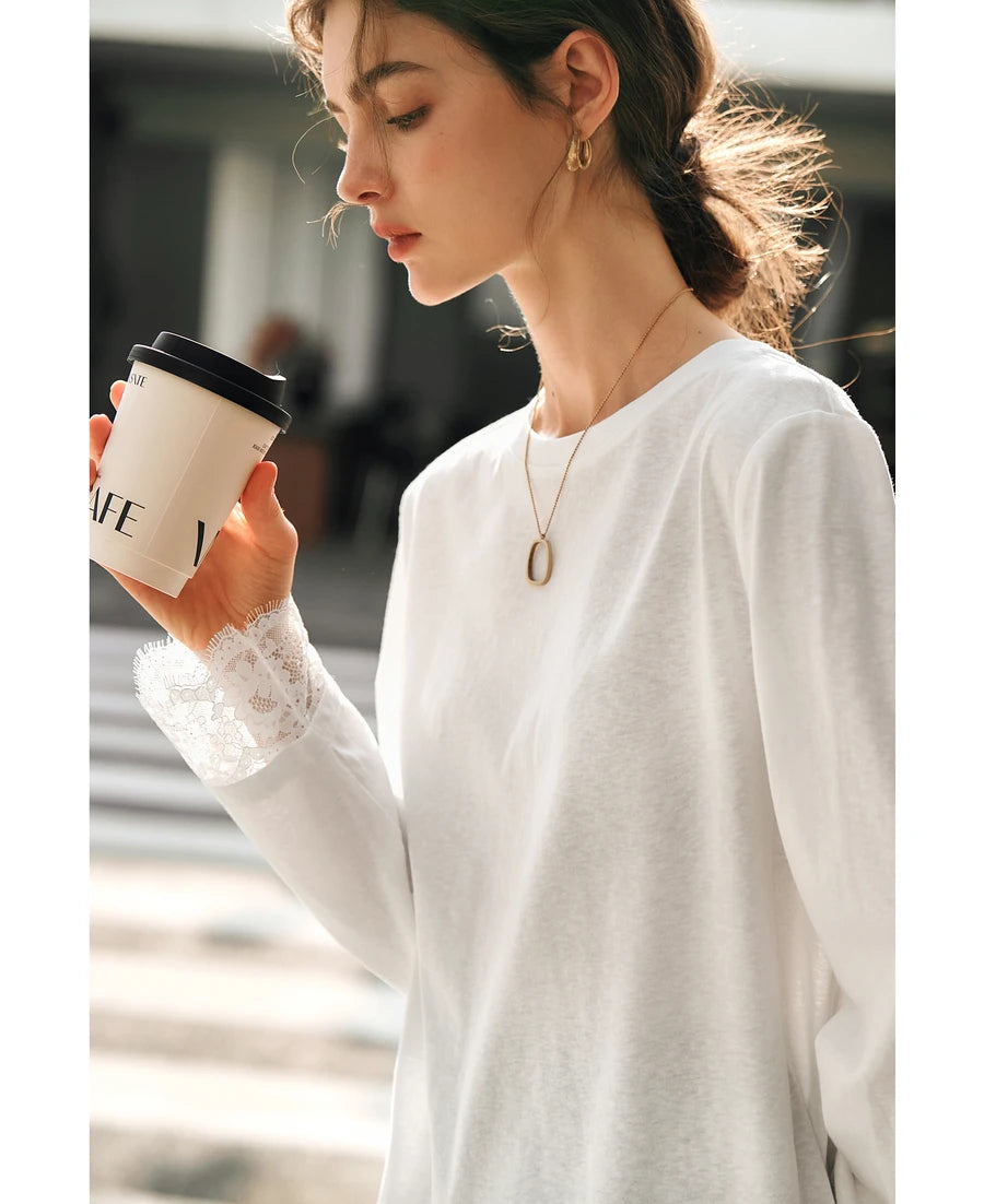 OLrain Cotton White T-shirt Women 2026 Autumn Casual Loose Tee Shirt Crewneck Lace Long Sleeve Tops Woman Clothing N57CT95669