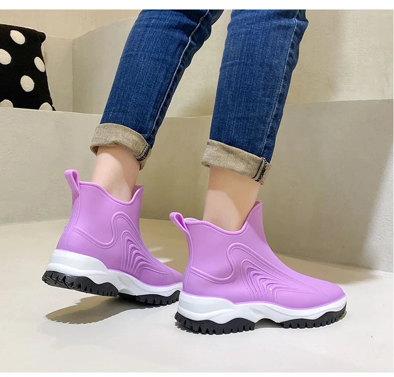 Women Rainboots Slip-on Waterproof Girls Ankle Boots PVC Anti-Slip Spring Autumn Rain Shoes Platform Woman Fishing Rubber Shoes