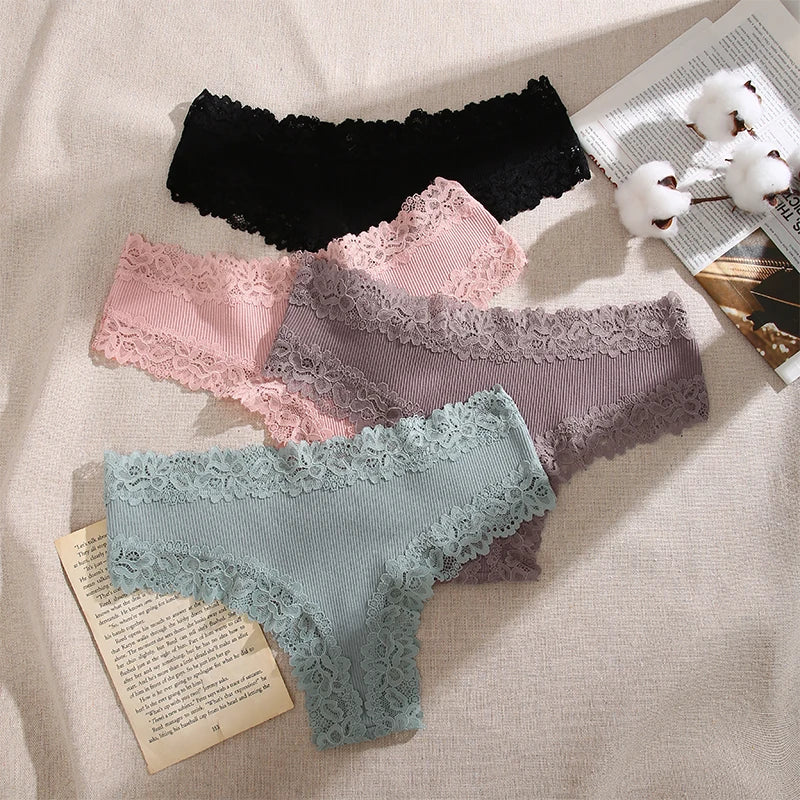 3Pcs/Set Sexy Lace Briefs Cotton Panties Women's Fashion 7 Solid Color Comfortable Briefs Low Waist Underpants Stretch Underwear