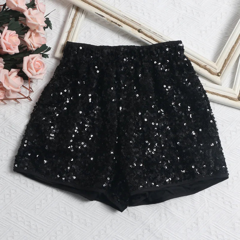 Women's Sexy Sequined Shorts High-waisted Wide-leg Pants Elastic-waisted Casual Hot Pants
