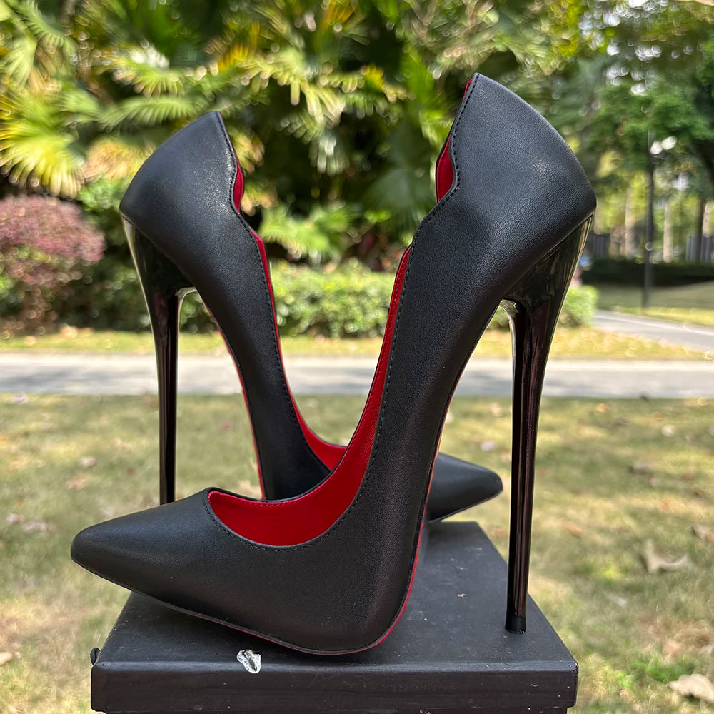 2026 Customize Side V Cut 16cm Ultra High Heels Matte Black Red inside Woman Pumps Curl Cut Slip on Pointed toe T-stage Shoes