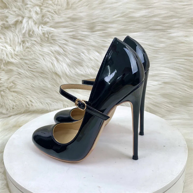 Round Toe Stiletto Shoes For Women Black Mary Jane Shoes 10CM 12CM Thin High Heels Spring Autumn Buckle Strap Fashion Sexy Pumps