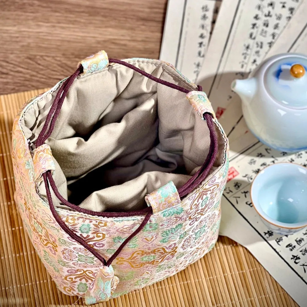 Chinese Style Tea Set Organizer Bag Embroidered Breakage-proof Teacup Drawstring Cloth Pouch Tea Ceremony Accessories