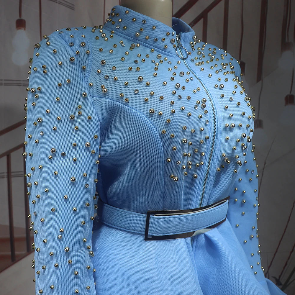 Fashion Suit African Dresses for Woman Rhinestone Turkey Dresses for Women Luxury High Quality Mesh Fabric African Beaded Dress