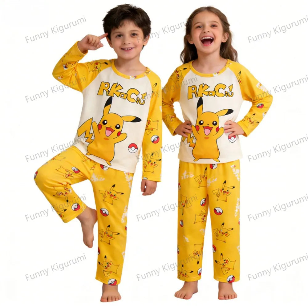 Cartoon Pijamas for Kids 3 to 5 7 9 11 13 Years Clothing Sets Boys Home Wear Girls Full Sleeve Pikachu Pajamas Teen Loungewear
