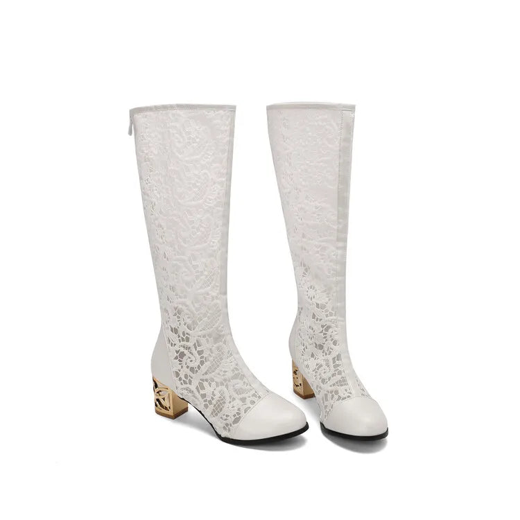 Vintage Hollow Embroider Mesh Surface Knee Length Women's Boot  5.5cm Thick Heel Fashion Women's Boot 34-47 Summer Cool Boots