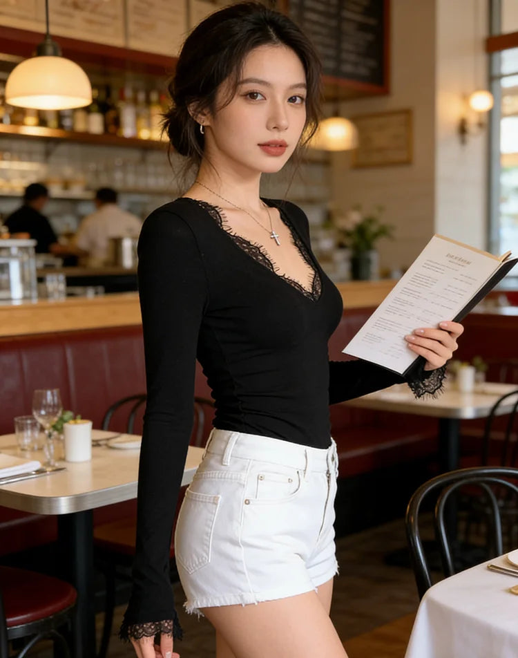 Long Sleeve Lace T-Shirts Women Spring Autumn Simple Vasual Slim Leisure Elegant Comfortable Sexy Ladies Clothing Girls Thin Ins