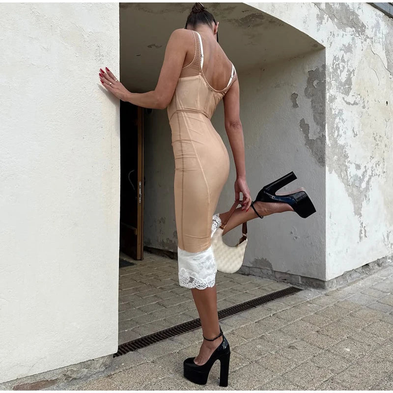Women Sheer Mesh Overlay Midi Dress Waist Cinched Sleeveless Spaghetti Strap 2026 Summer Accessories Trendy Classy Lady Outfits
