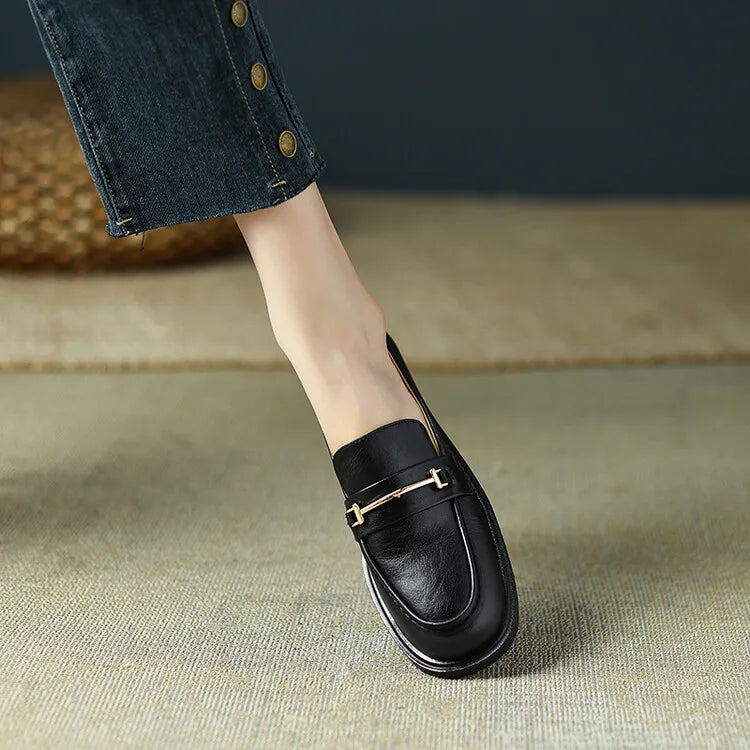 Ochanmeb Natural Leather Loafers Flat Shoes Women Brand Metal Chain Round Toe Slip-ons Flats Ladies Casual Creepers Moccasins 40